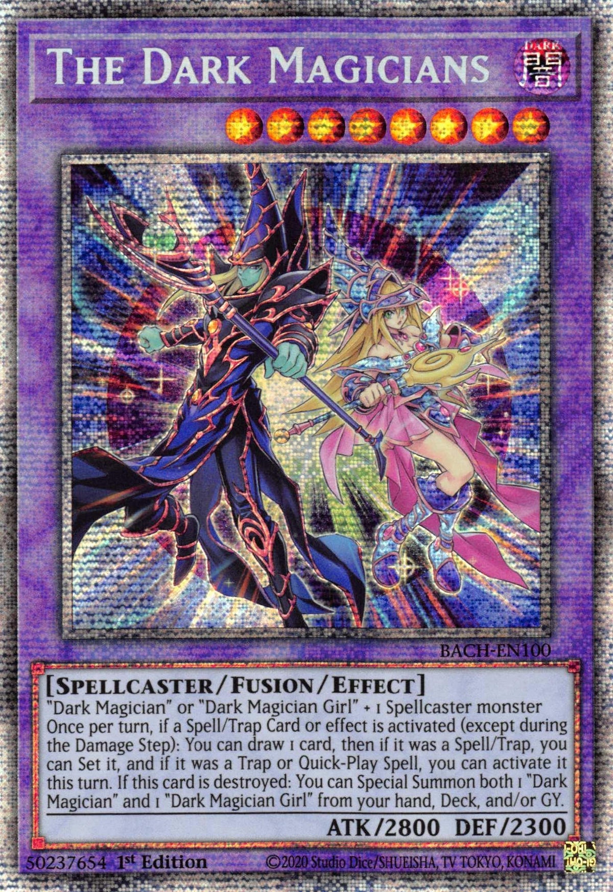 1st Edition, Battle of Chaos, Dark, Fusion/Effect Monster, Spellcaster, Starlight Rare The Dark Magicians [BACH-EN100] Starlight Rare - Trading Card World