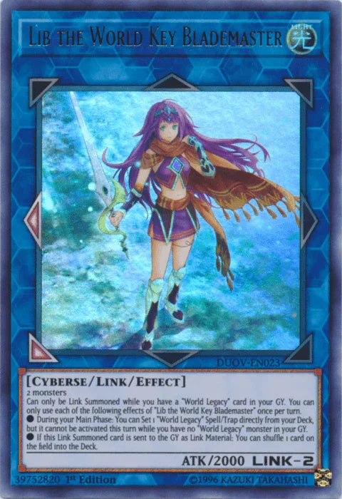 1st Edition, Cyberse, Duel Overload, Light, Link/Effect Monster, Ultra Rare Lib the World Key Blademaster [DUOV-EN023] Ultra Rare - Trading Card World