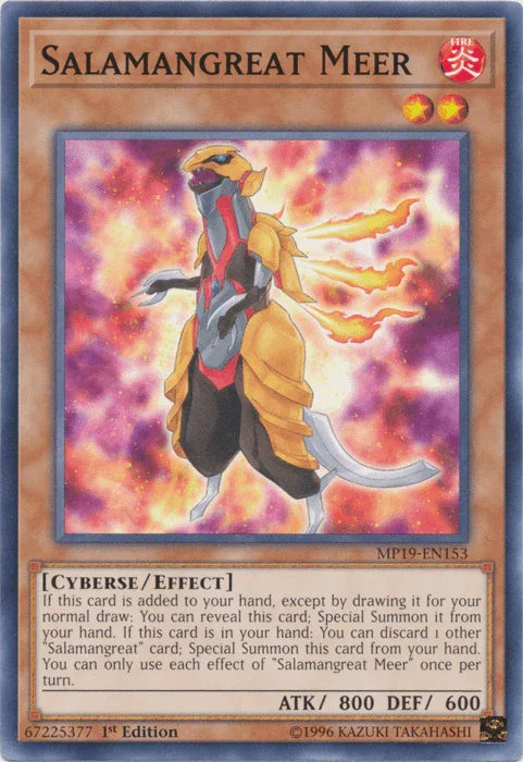 1st Edition, 2019 Gold Sarcophagus Tin Mega Pack, Common, Cyberse, Effect Monster, Fire, Unlimited Salamangreat Meer [MP19-EN153] Common - Trading Card World