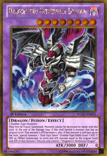 1st Edition, Dark, Dragon, Fusion/Effect Monster, Gold Secret Rare, Premium Gold, Unlimited Dragonecro Nethersoul Dragon [PGLD-EN015] Gold Secret Rare - Trading Card World