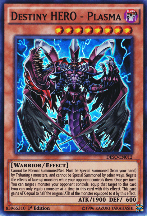 1st Edition, Dark, Destiny Soldiers, Effect Monster, Super Rare, Warrior Destiny HERO - Plasma [DESO-EN012] Super Rare - Trading Card World