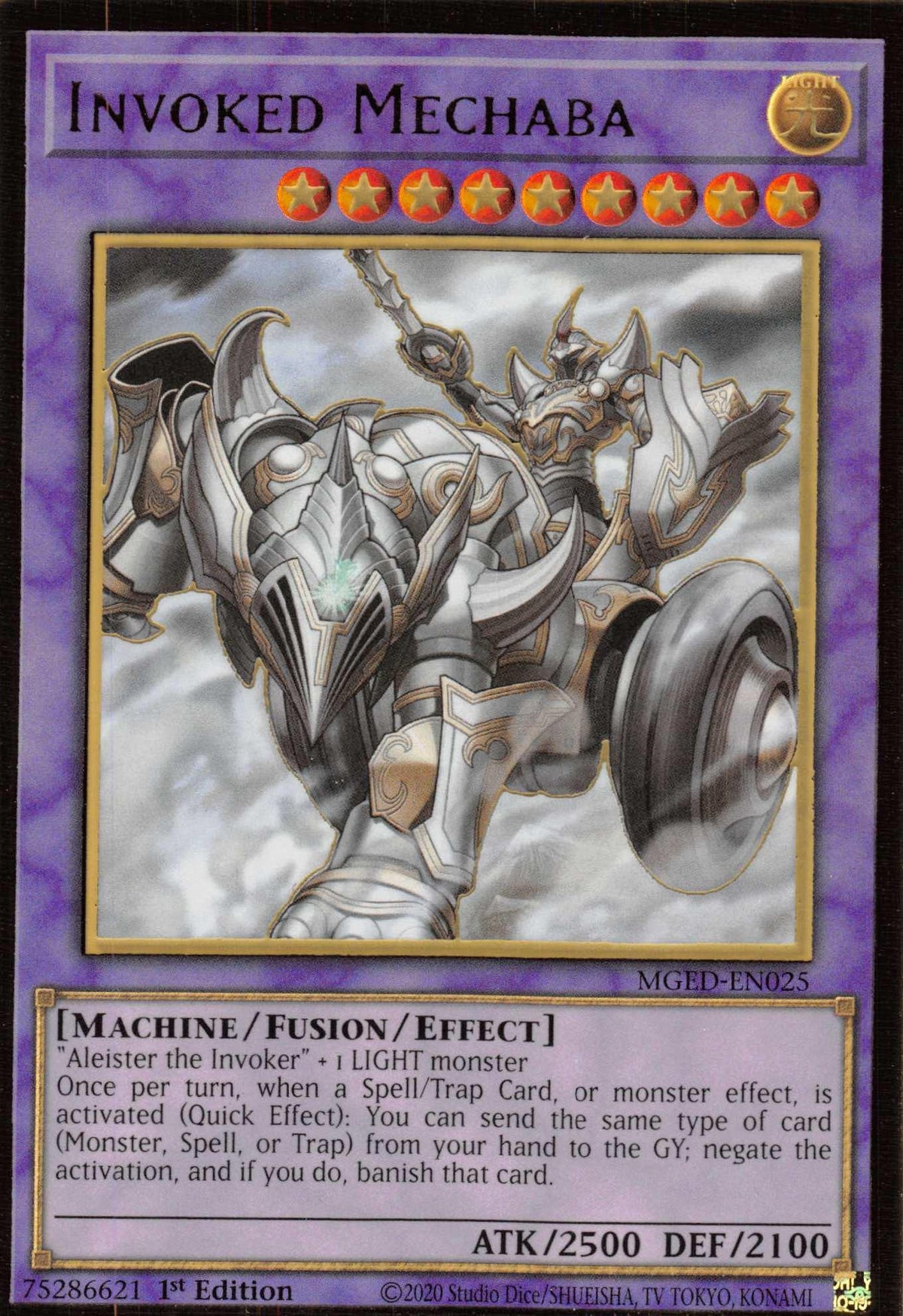 1st Edition, Fusion/Effect Monster, Gold Rare, Light, Machine, Maximum Gold: El Dorado Invoked Mechaba [MGED-EN025] Gold Rare - Trading Card World