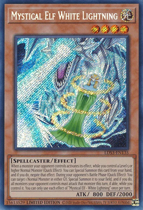 Effect Monster, Legendary Duelists: Season 3, Light, Limited, Secret Rare, Spellcaster Mystical Elf White Lightning [LDS3-EN135] Secret Rare - Trading Card World