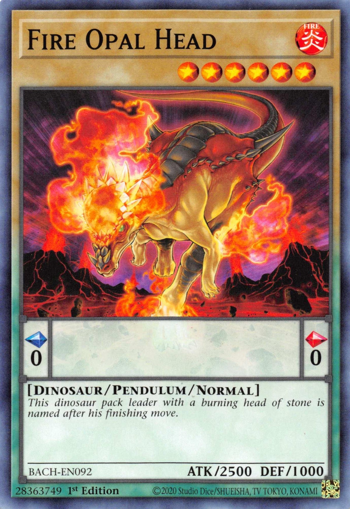 1st Edition, Battle of Chaos, Common, Dinosaur, Fire, Pendulum/Normal Monster Fire Opal Head [BACH-EN092] Common - Trading Card World