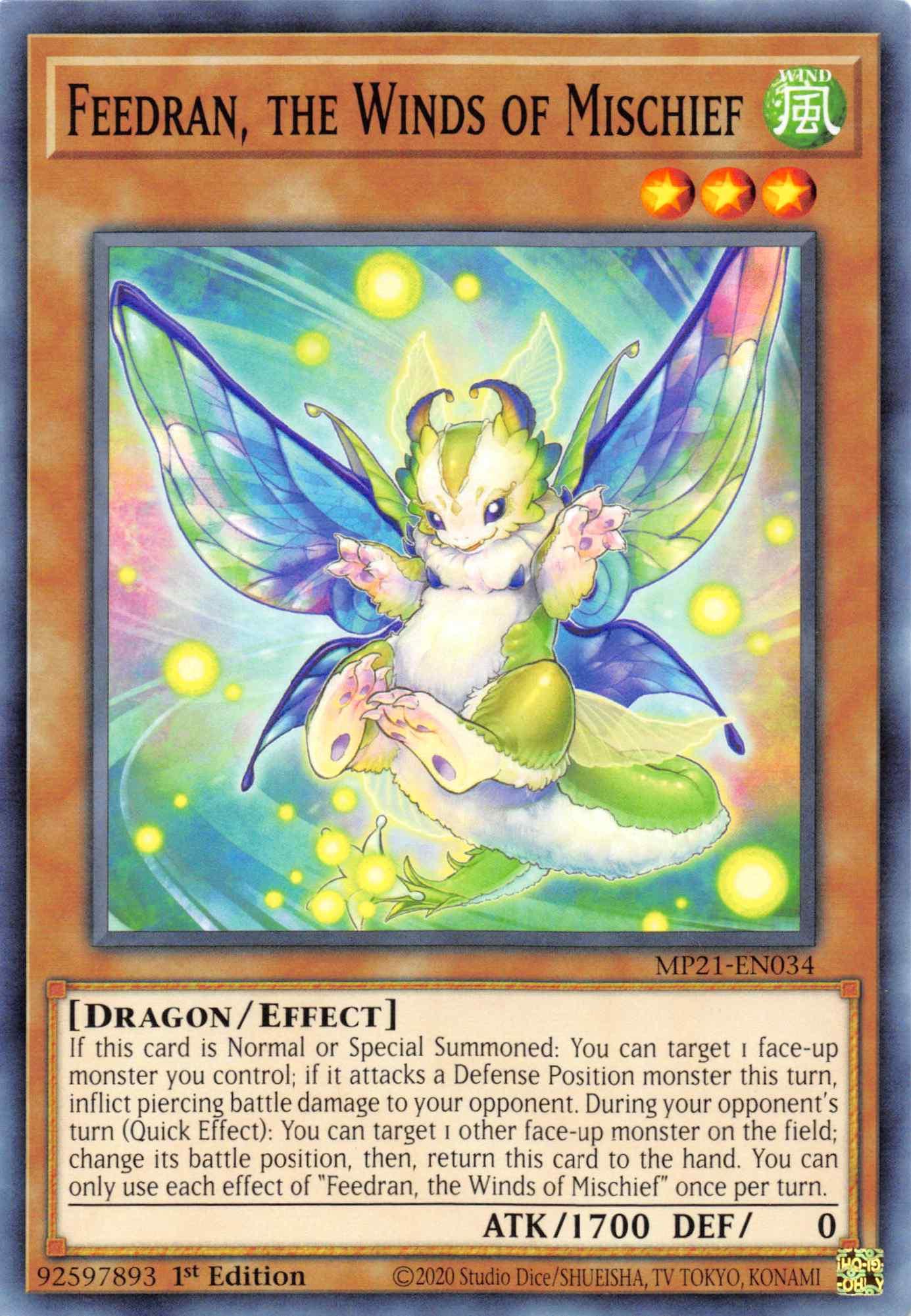 1st Edition, 2021 Tin of Ancient Battles, Common, Dragon, Effect Monster, Wind Feedran, the Winds of Mischief [MP21-EN034] Common - Trading Card World