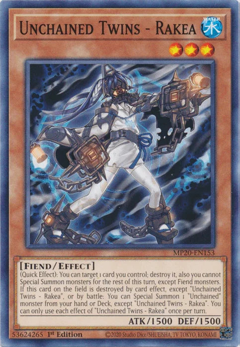 1st Edition, 2020 Tin of Lost Memories, Common, Effect Monster, Fiend, Water Unchained Twins - Rakea [MP20-EN153] Common - Trading Card World