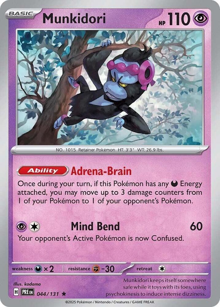044, Darkness [x2], Fighting [-30], Holofoil, Psychic, Rare, Reverse Holofoil, Scarlet & Violet: Prismatic Evolutions Munkidori (044/131) [Scarlet & Violet: Prismatic Evolutions] - Trading Card World
