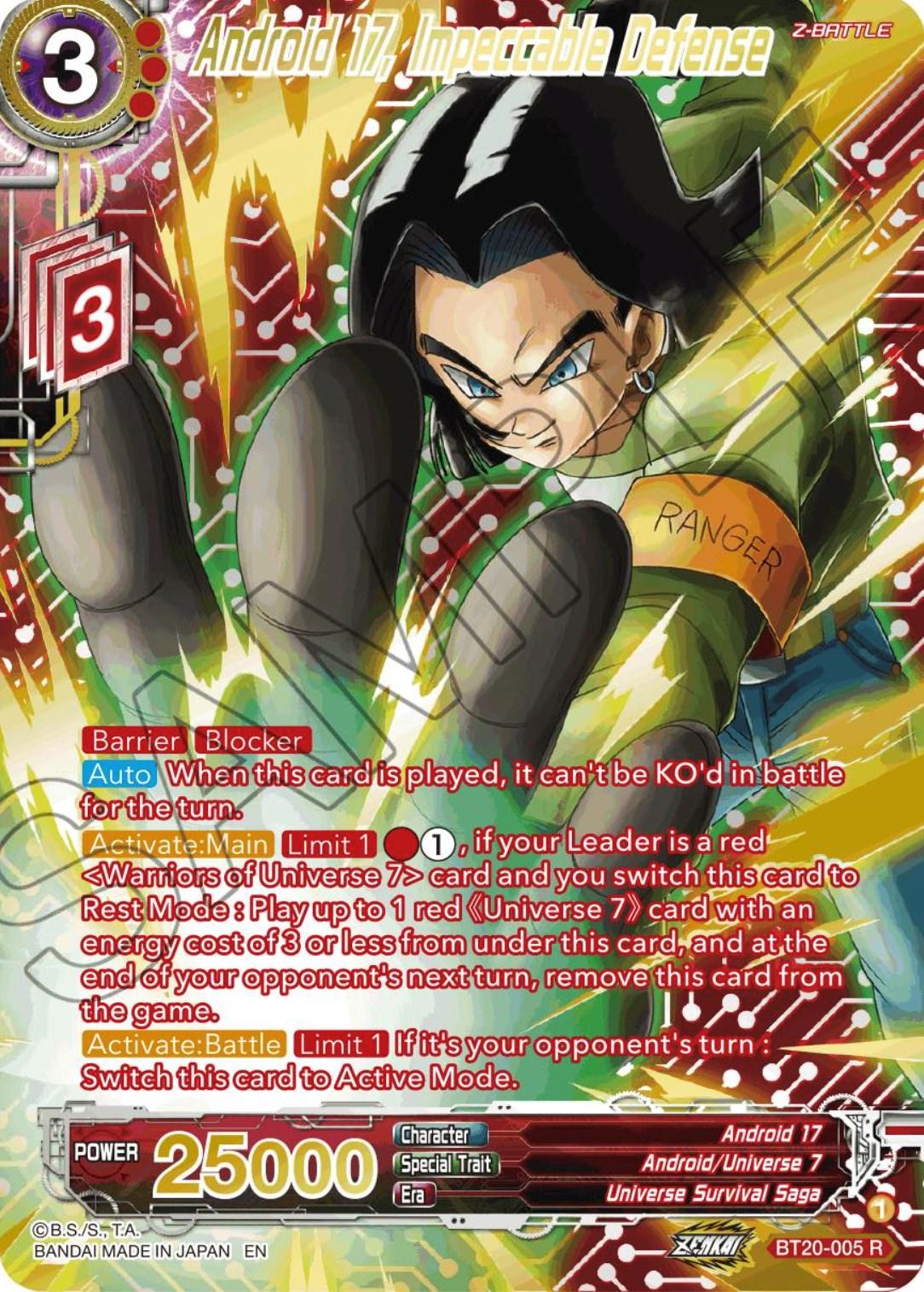 Android 17, Android/Universe 7, BT20-005, Parallel Foil, Power Absorbed, Rare, Red, Universe Survival Saga, Z-Battle Android 17, Impeccable Defense (Gold-Stamped) (BT20-005) [Power Absorbed] - Trading Card World