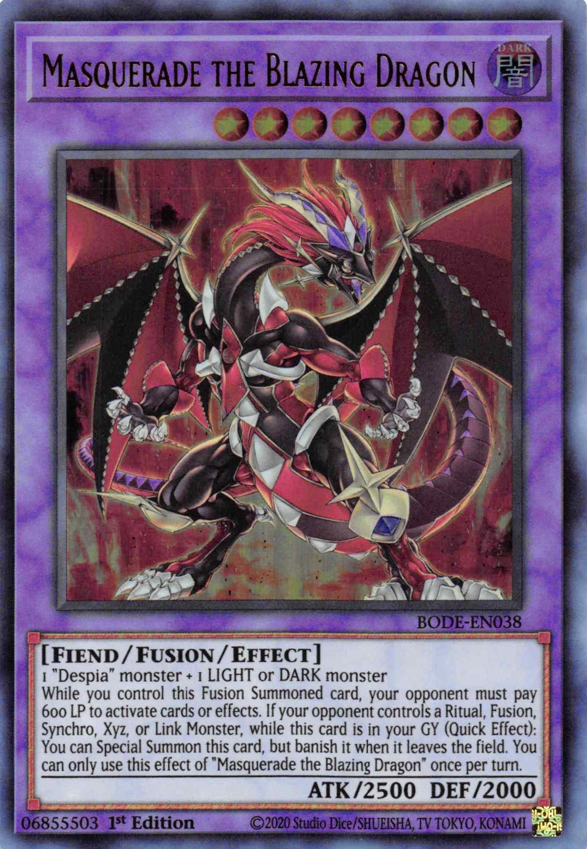 1st Edition, Burst of Destiny, Dark, Fiend, Fusion/Effect Monster, Ultra Rare Masquerade the Blazing Dragon [BODE-EN038] Ultra Rare - Trading Card World