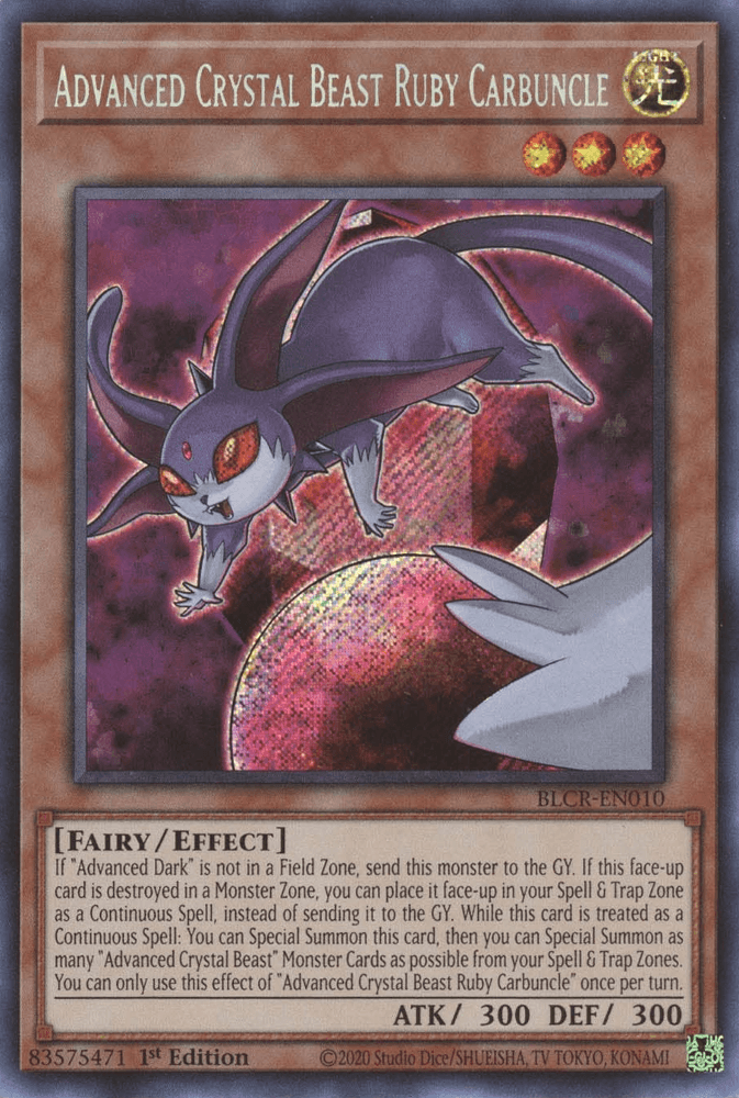 1st Edition, Battles of Legend: Crystal Revenge, Effect Monster, Fairy, Light, Secret Rare Advanced Crystal Beast Ruby Carbuncle [BLCR-EN010] Secret Rare - Trading Card World