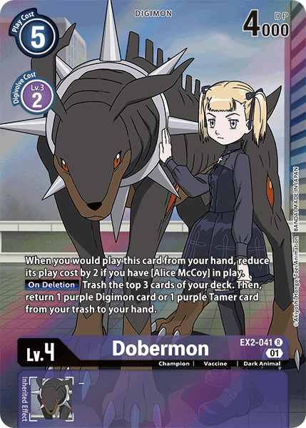 Champion, Dark Animal, Digimon, Digital Hazard, EX2-041, Purple, Rare, Vaccine Dobermon [EX2-041] (Alternate Art) [Digital Hazard] - Trading Card World