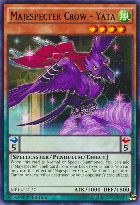 1st Edition, 2016 Mega-Tins Mega Pack, Common, Pendulum/Effect Monster, Spellcaster, Unlimited, Wind Majespecter Crow - Yata [MP16-EN127] Common - Trading Card World