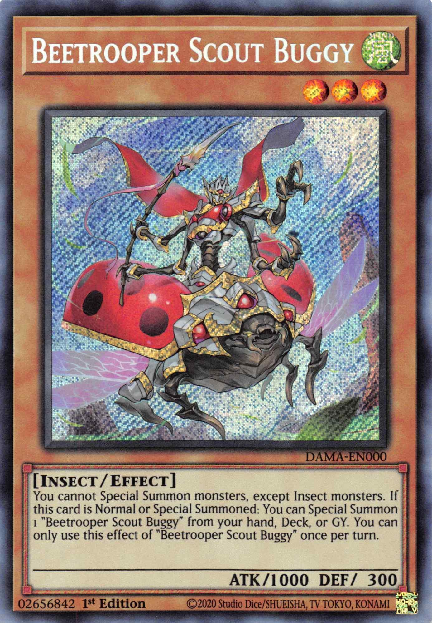 1st Edition, Dawn of Majesty, Effect Monster, Insect, Secret Rare, Wind Beetrooper Scout Buggy [DAMA-EN000] Secret Rare - Trading Card World