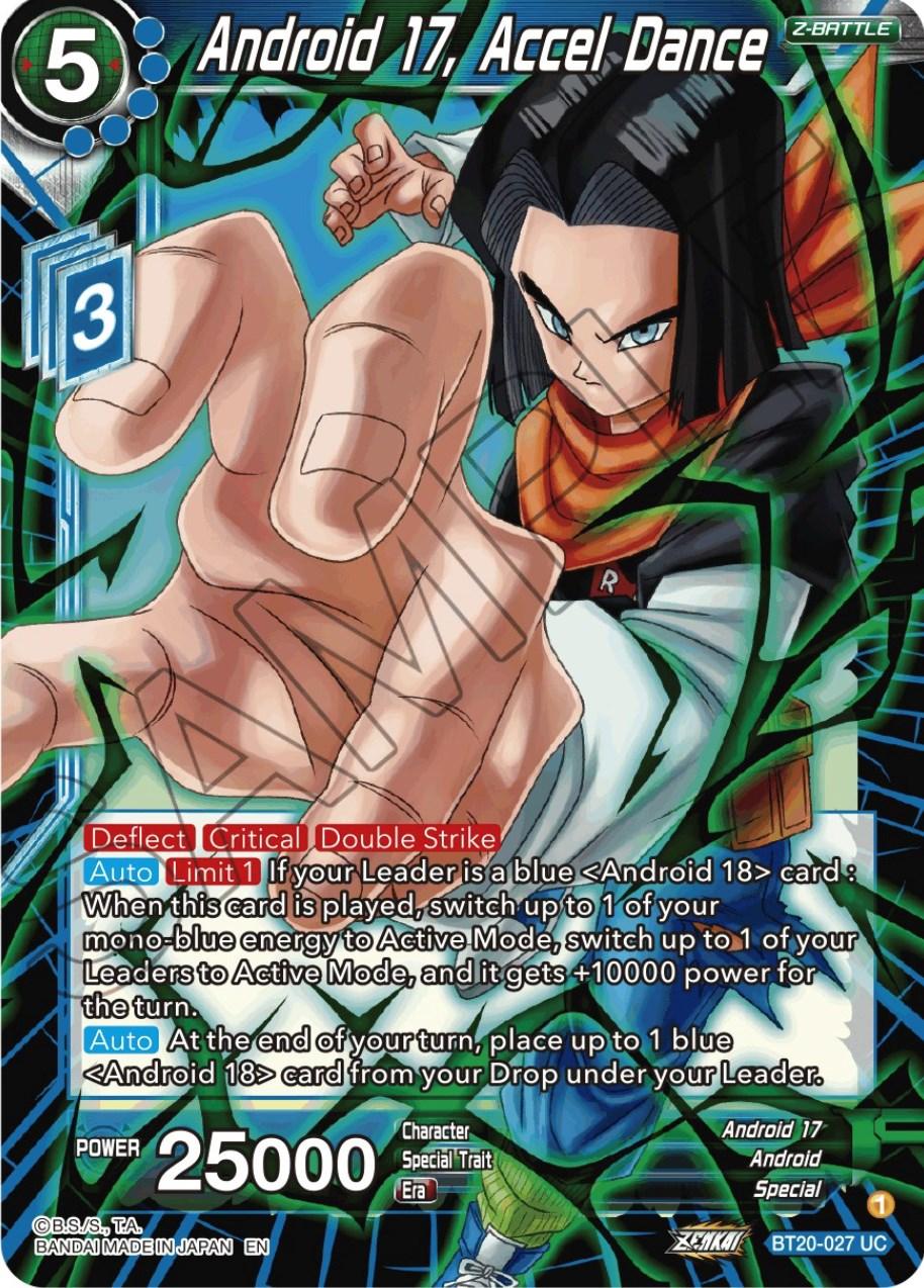Android, Android 17, Blue, BT20-027, Normal, Parallel Foil, Power Absorbed, Special, Uncommon, Z-Battle Android 17, Accel Dance (BT20-027) [Power Absorbed] - Trading Card World