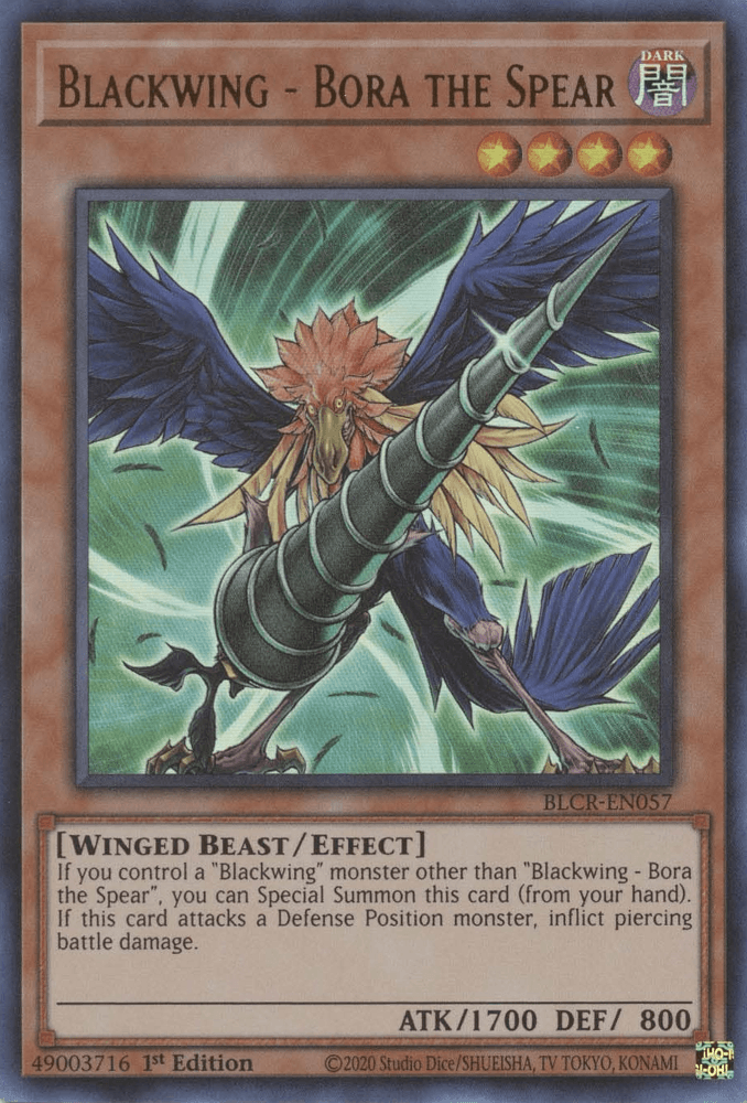 1st Edition, Battles of Legend: Crystal Revenge, Dark, Effect Monster, Ultra Rare, Winged Beast Blackwing - Bora the Spear [BLCR-EN057] Ultra Rare - Trading Card World