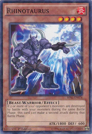 1st Edition, Battle Pack 3: Monster League, Beast-Warrior, Effect Monster, Fire, Shatterfoil Rare Rhinotaurus [BP03-EN076] Shatterfoil Rare - Trading Card World