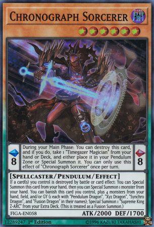 1st Edition, Dark, Fists of the Gadgets, Pendulum/Effect Monster, Spellcaster, Super Rare Chronograph Sorcerer [FIGA-EN058] Super Rare - Trading Card World