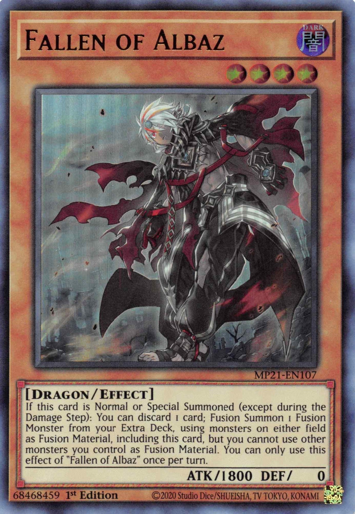 1st Edition, 2021 Tin of Ancient Battles, Dark, Dragon, Effect Monster, Ultra Rare Fallen of Albaz [MP21-EN107] Ultra Rare - Trading Card World