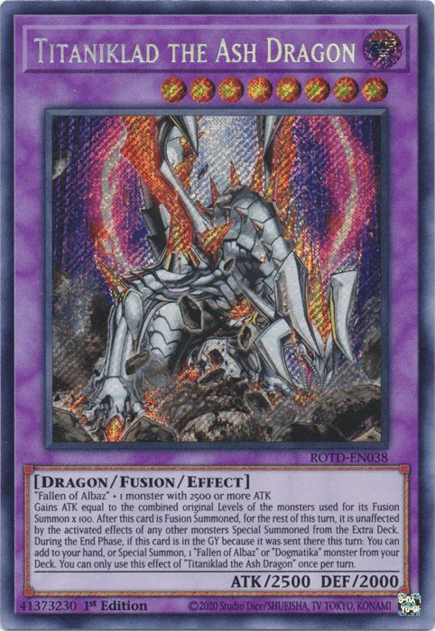 1st Edition, Dark, Dragon, Fusion/Effect Monster, Rise of the Duelist, Secret Rare Titaniklad the Ash Dragon [ROTD-EN038] Secret Rare - Trading Card World