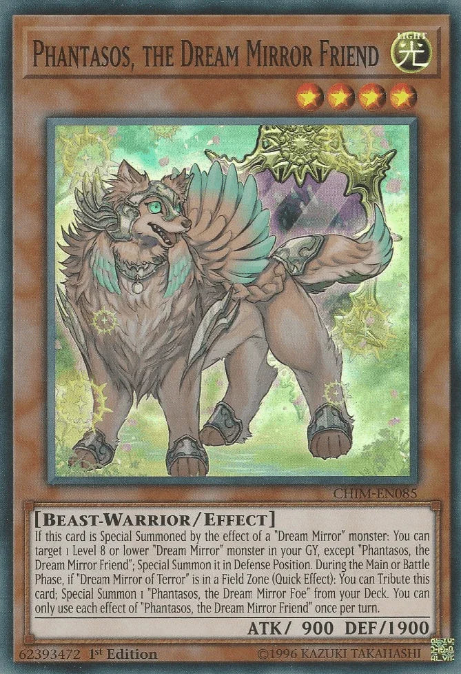 1st Edition, Beast-Warrior, Chaos Impact, Effect Monster, Light, Super Rare, Unlimited Phantasos, the Dream Mirror Friend [CHIM-EN085] Super Rare - Trading Card World