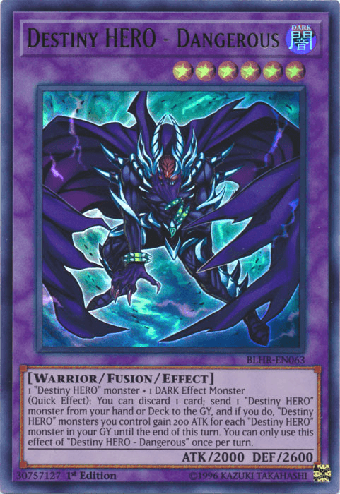 1st Edition, Battles of Legend: Hero's Revenge, Dark, Fusion/Effect Monster, Ultra Rare, Warrior Destiny Hero - Dangerous [BLHR-EN063] Ultra Rare - Trading Card World