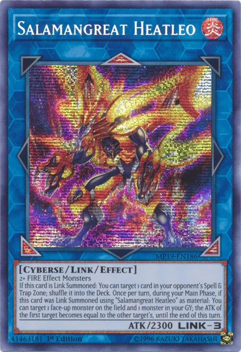 1st Edition, 2019 Gold Sarcophagus Tin Mega Pack, Cyberse, Fire, Link/Effect Monster, Prismatic Secret Rare, Unlimited Salamangreat Heatleo [MP19-EN186] Prismatic Secret Rare - Trading Card World