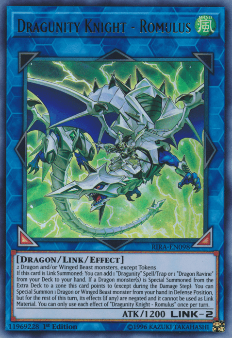 1st Edition, Dragon, Link/Effect Monster, Rising Rampage, Ultra Rare, Unlimited, Wind Dragunity Knight - Romulus [RIRA-EN098] Ultra Rare - Trading Card World
