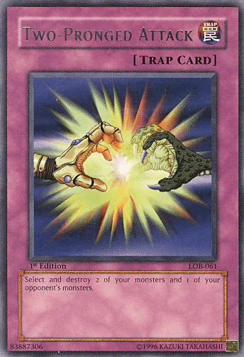 1st Edition, Normal Trap, Rare, The Legend of Blue Eyes White Dragon, Trap, Unlimited Two-Pronged Attack [LOB-061] Rare - Trading Card World