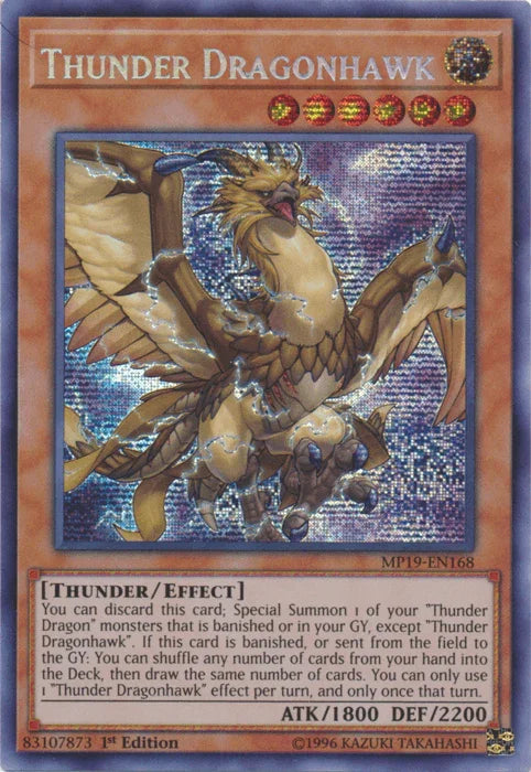 1st Edition, 2019 Gold Sarcophagus Tin Mega Pack, Effect Monster, Light, Prismatic Secret Rare, Thunder, Unlimited Thunder Dragonhawk [MP19-EN168] Prismatic Secret Rare - Trading Card World