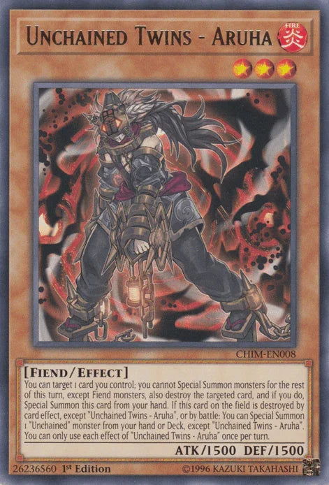 1st Edition, Chaos Impact, Effect Monster, Fiend, Fire, Rare, Unlimited Unchained Twins - Aruha [CHIM-EN008] Rare - Trading Card World