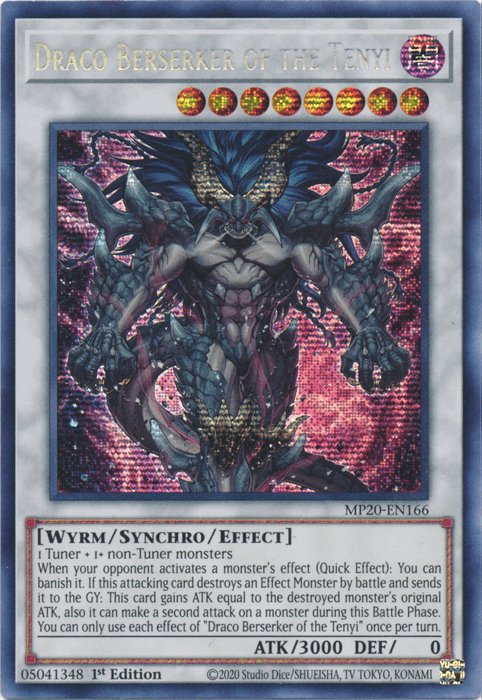 1st Edition, 2020 Tin of Lost Memories, Dark, Prismatic Secret Rare, Synchro/Effect Monster, Wyrm Draco Berserker of the Tenyi [MP20-EN166] Prismatic Secret Rare - Trading Card World
