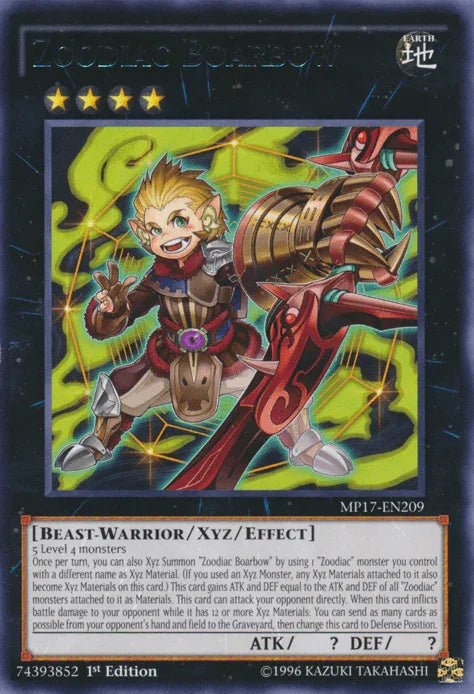 1st Edition, 2017 Mega-Tins Mega Pack, Beast-Warrior, Earth, Rare, Xyz/Effect Monster Zoodiac Boarbow [MP17-EN209] Rare - Trading Card World