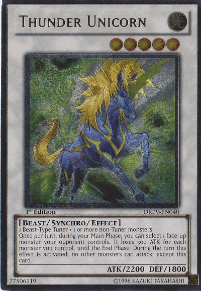 1st Edition, Beast, Duelist Revolution, Light, Synchro/Effect Monster, Ultimate Rare, Unlimited Thunder Unicorn [DREV-EN040] Ultimate Rare - Trading Card World