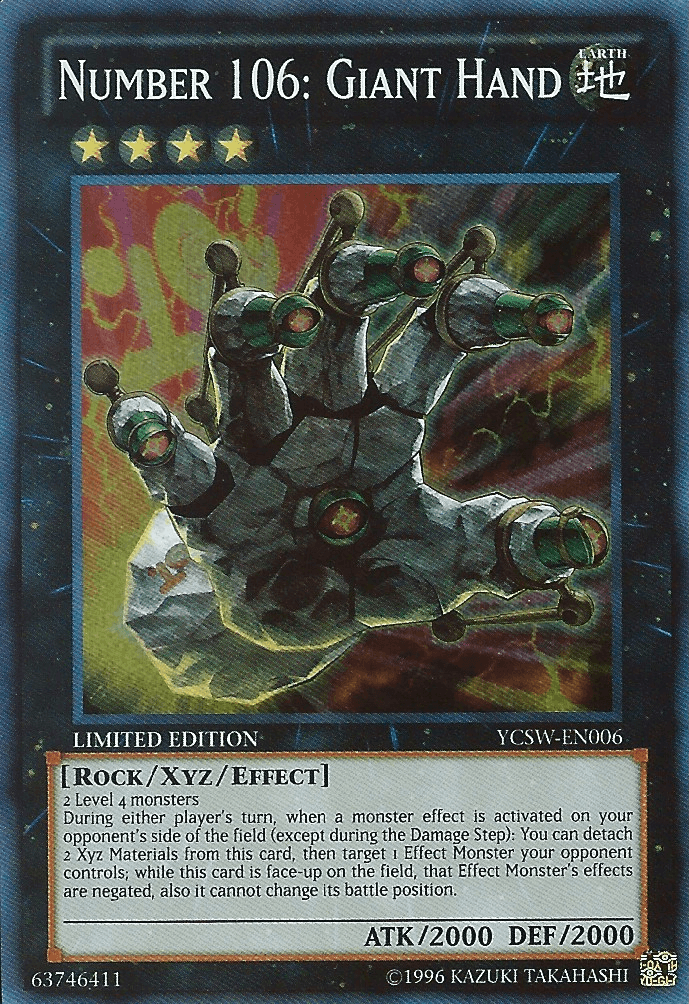 Earth, Limited, Rock, Super Rare, Xyz/Effect Monster, Yu-Gi-Oh! Championship Series Prize Cards Number 106: Giant Hand [YCSW-EN006] Super Rare - Trading Card World