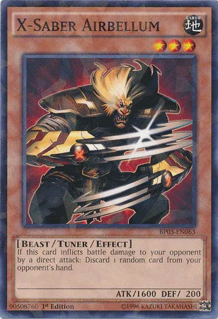 1st Edition, Battle Pack 3: Monster League, Beast, Earth, Shatterfoil Rare, Tuner/Effect Monster X-Saber Airbellum [BP03-EN063] Shatterfoil Rare - Trading Card World