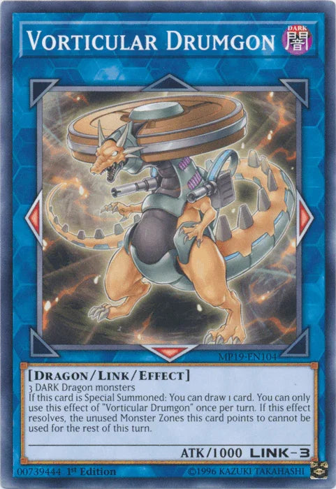 1st Edition, 2019 Gold Sarcophagus Tin Mega Pack, Common, Dark, Dragon, Link/Effect Monster, Unlimited Vorticular Drumgon [MP19-EN104] Common - Trading Card World