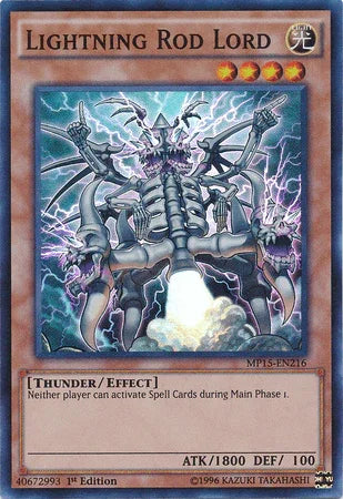 1st Edition, 2015 Mega-Tins Mega Pack, Effect Monster, Light, Super Rare, Thunder Lightning Rod Lord [MP15-EN216] Super Rare - Trading Card World