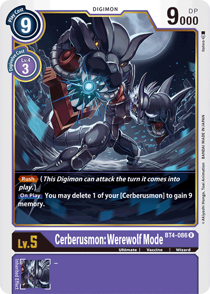 BT4-086, Digimon, Great Legend, Purple, Rare, Ultimate, Vaccine, Wizard Cerberusmon: Werewolf Mode [BT4-086] [Great Legend] - Trading Card World