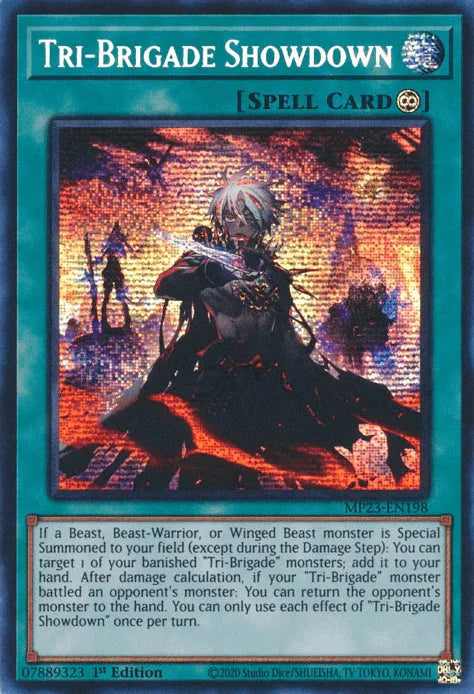 1st Edition, Continuous Spell, Dueling Heroes Collectors Tin - Mega Pack (25th Anniversary Edition), Prismatic Secret Rare, Spell Tri-Brigade Showdown [MP23-EN198] Prismatic Secret Rare - Trading Card World