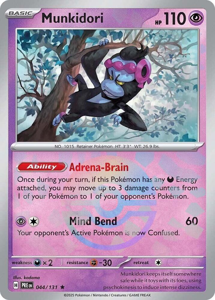 044, Darkness [x2], Fighting [-30], Holofoil, Psychic, Rare, Scarlet & Violet: Prismatic Evolutions Munkidori (044/131) (Poke Ball Pattern) [Scarlet & Violet: Prismatic Evolutions] - Trading Card World