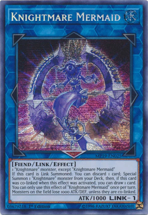 1st Edition, 2019 Gold Sarcophagus Tin Mega Pack, Fiend, Link/Effect Monster, Prismatic Secret Rare, Unlimited, Water Knightmare Mermaid [MP19-EN025] Prismatic Secret Rare - Trading Card World