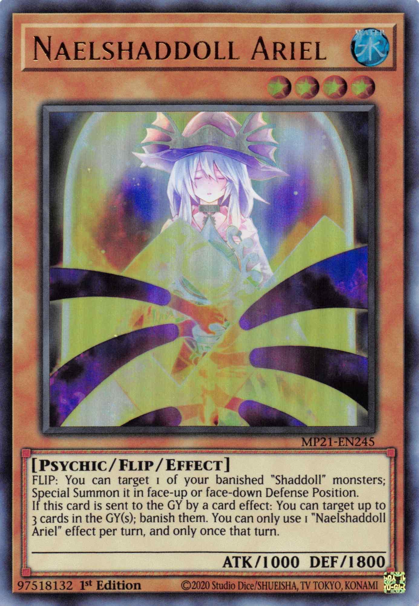 1st Edition, 2021 Tin of Ancient Battles, Flip/Effect monster, Psychic, Ultra Rare, Water Naelshaddoll Ariel [MP21-EN245] Ultra Rare - Trading Card World