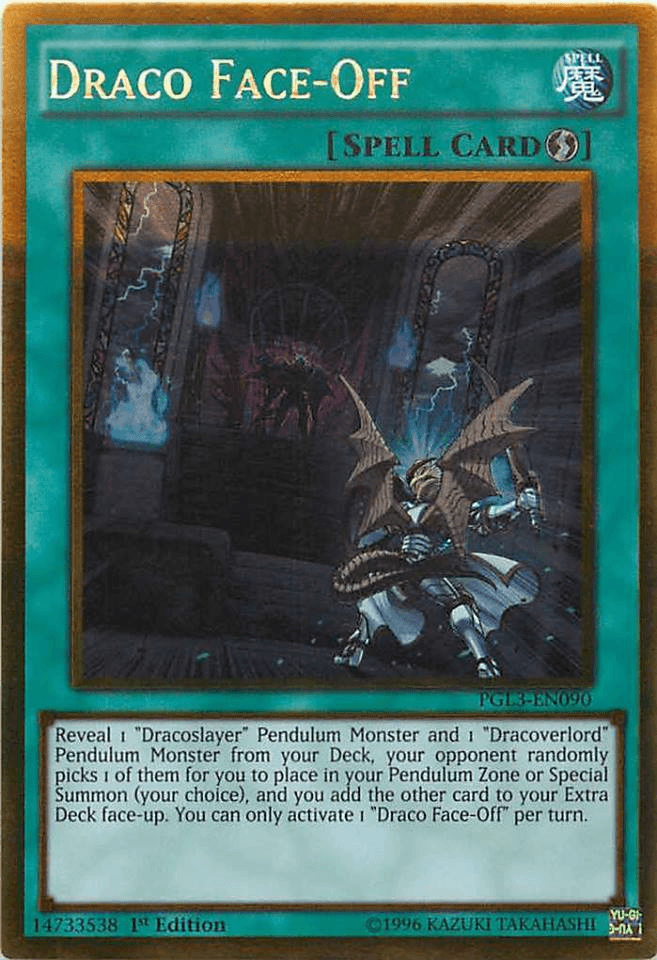 1st Edition, Gold Rare, Premium Gold: Infinite Gold, Quick Play Spell, Spell Draco Face-Off [PGL3-EN090] Gold Rare - Trading Card World