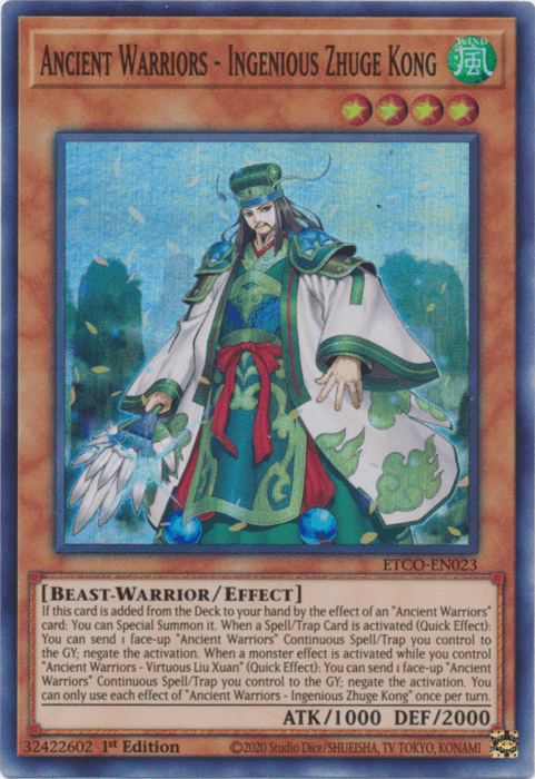 1st Edition, Beast-Warrior, Effect Monster, Eternity Code, Super Rare, Wind Ancient Warriors - Ingenious Zhuge Kong [ETCO-EN023] Super Rare - Trading Card World