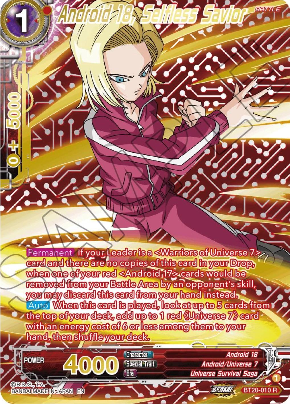 Android 18, Android/Universe 7, Battle, BT20-010, Parallel Foil, Power Absorbed, Rare, Red, Universe Survival Saga Android 18, Selfless Savior (Gold-Stamped) (BT20-010) [Power Absorbed] - Trading Card World