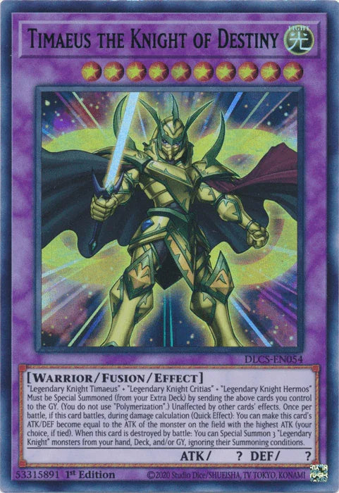1st Edition, Dragons of Legend: The Complete Series, Fusion/Effect Monster, Light, Ultra Rare, Warrior Timaeus the Knight of Destiny (Purple) [DLCS-EN054] Ultra Rare - Trading Card World