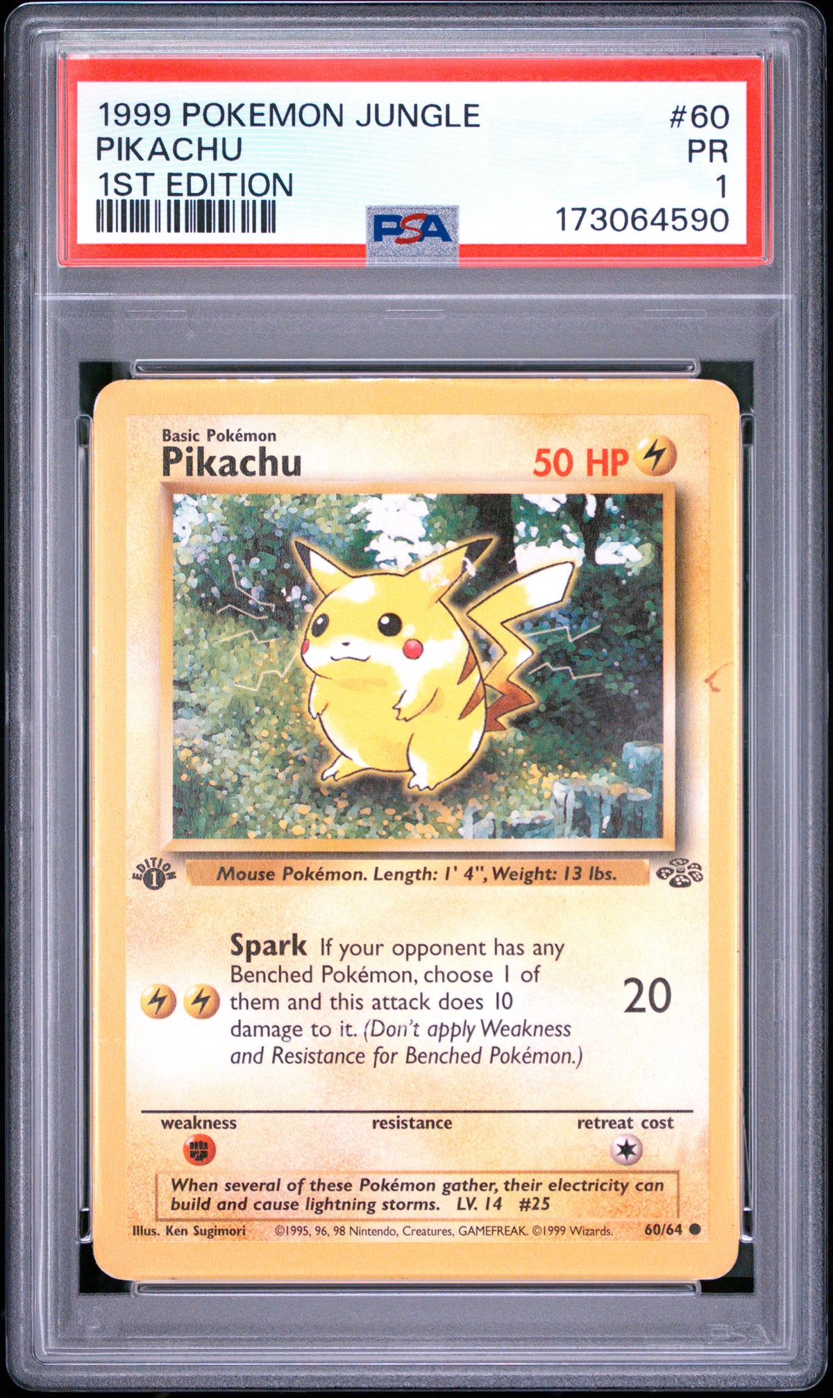 PSA 1 Pikachu 1st Edition #60 · Jungle · 1999 — front