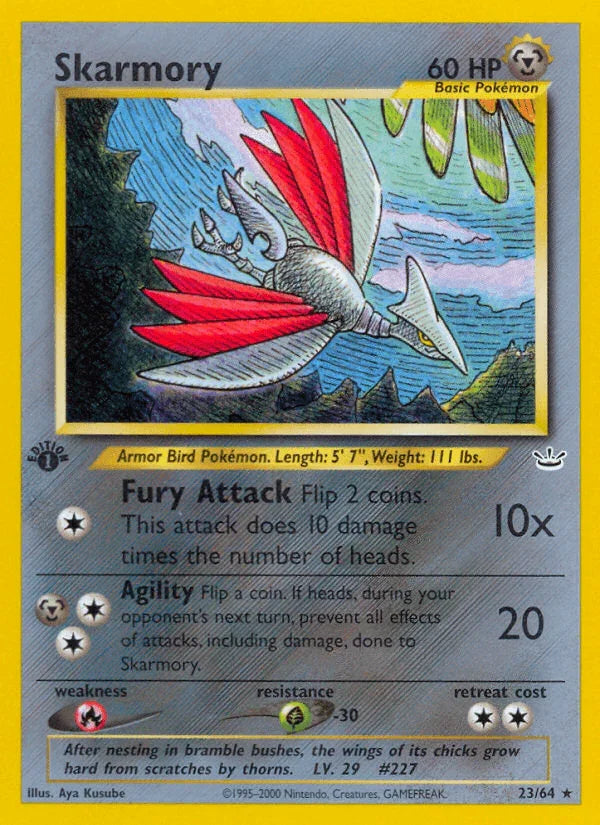 1st Edition Normal, 23, Fire[×2], Grass[-30], Metal, Neo Revelation 1st Edition, Rare Skarmory (23/64) [Neo Revelation 1st Edition] - Trading Card World