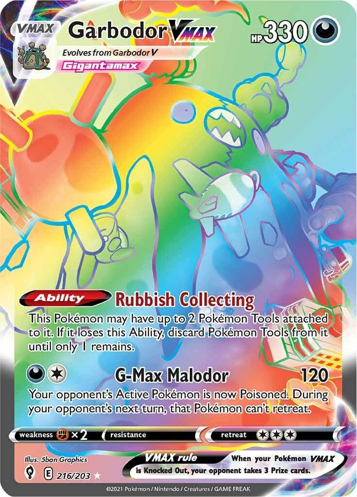 216, Darkness, Fighting [x2], Holofoil, Secret Rare, Sword & Shield: Evolving Skies Garbodor VMAX (216/203) [Sword & Shield: Evolving Skies] - Trading Card World