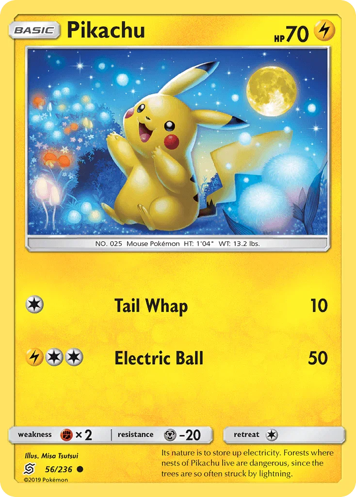 56, Common, Fighting[×2], Lightning, Metal[-20], Normal, Reverse Holofoil, Sun & Moon: Unified Minds Pikachu (56/236) [Sun & Moon: Unified Minds] - Trading Card World